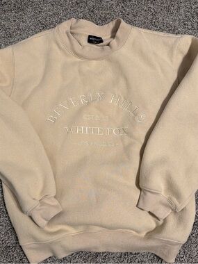 White Fox Boutique Beige Embroidered Beverly Hills Crewneck